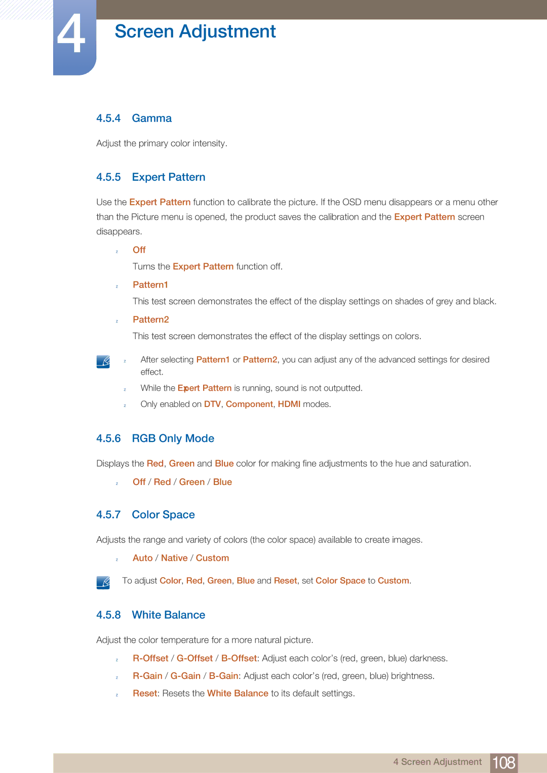 Samsung MD40B, MD46B user manual Gamma, Expert Pattern, RGB Only Mode, Color Space, White Balance 