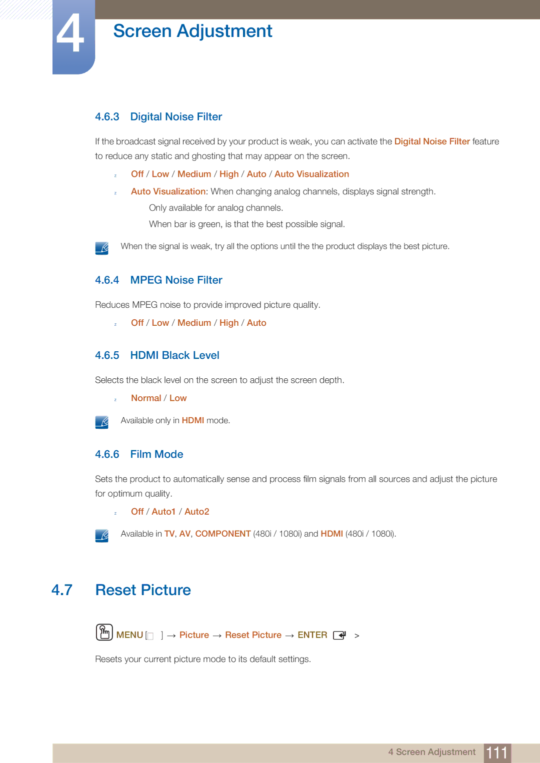 Samsung MD46B, MD40B user manual Reset Picture, Digital Noise Filter, Mpeg Noise Filter, Hdmi Black Level, Film Mode 