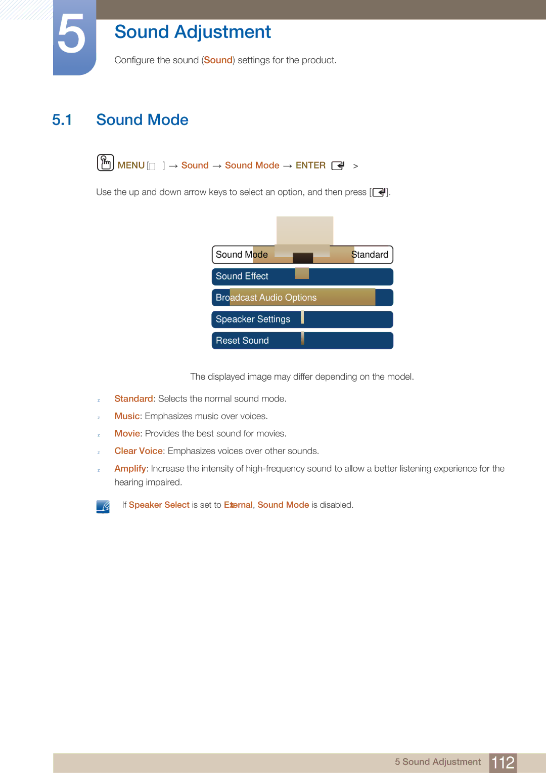 Samsung MD40B, MD46B user manual Sound Adjustment, Menu m Sound Sound Mode Enter 