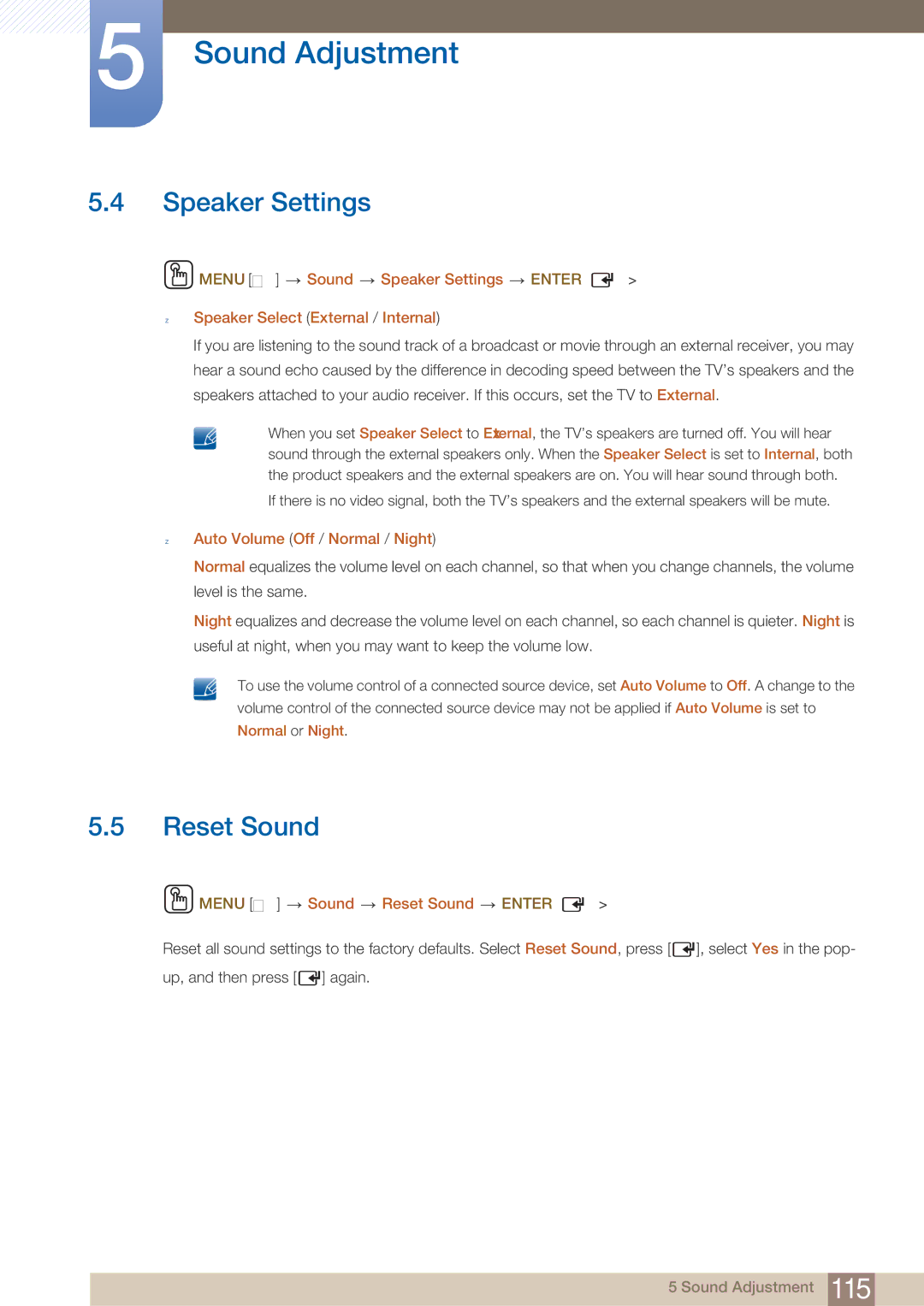 Samsung MD46B, MD40B user manual Speaker Settings, Auto Volume Off / Normal / Night, Menu m Sound Reset Sound Enter 