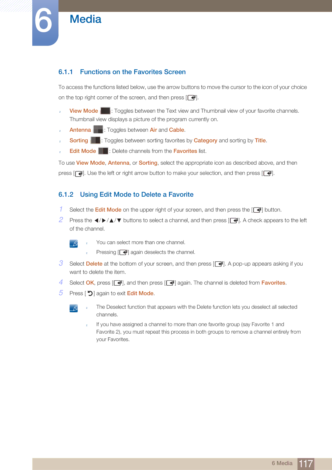 Samsung MD46B, MD40B user manual Functions on the Favorites Screen, Using Edit Mode to Delete a Favorite 