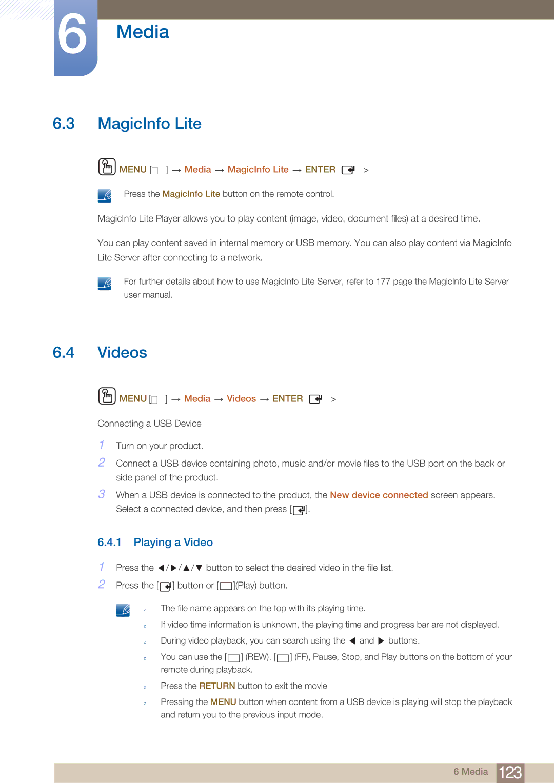 Samsung MD46B, MD40B user manual Playing a Video, Menu m Media MagicInfo Lite Enter, Menu m Media Videos Enter 