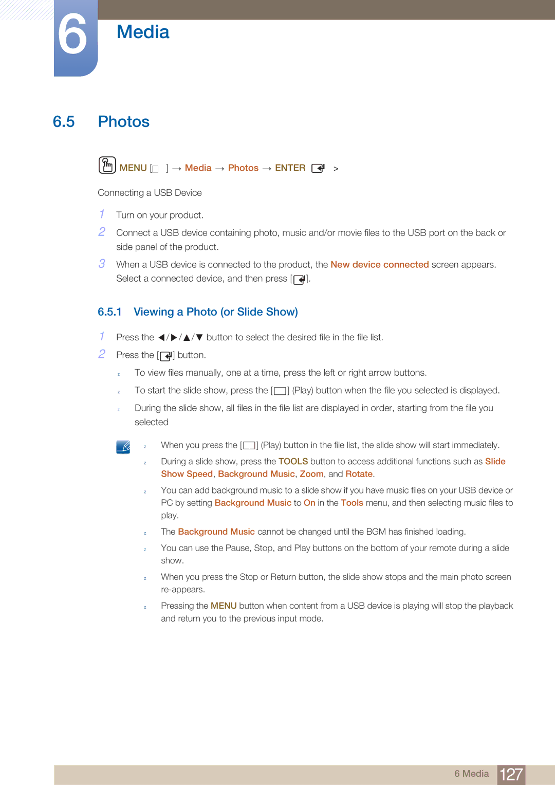 Samsung MD46B, MD40B user manual Viewing a Photo or Slide Show, Menu m Media Photos Enter 