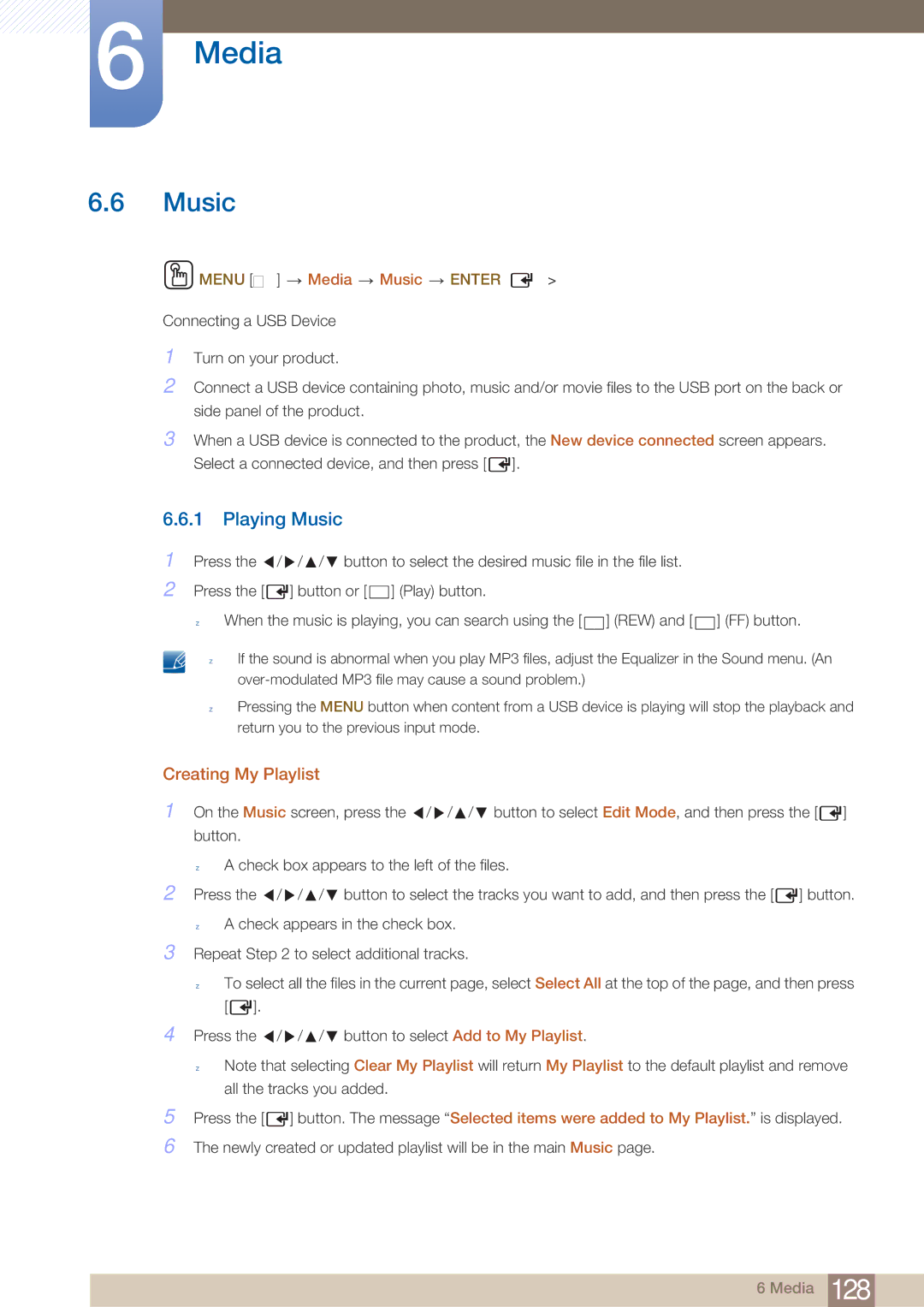 Samsung MD40B, MD46B user manual Playing Music, Creating My Playlist, Menu m Media Music Enter 