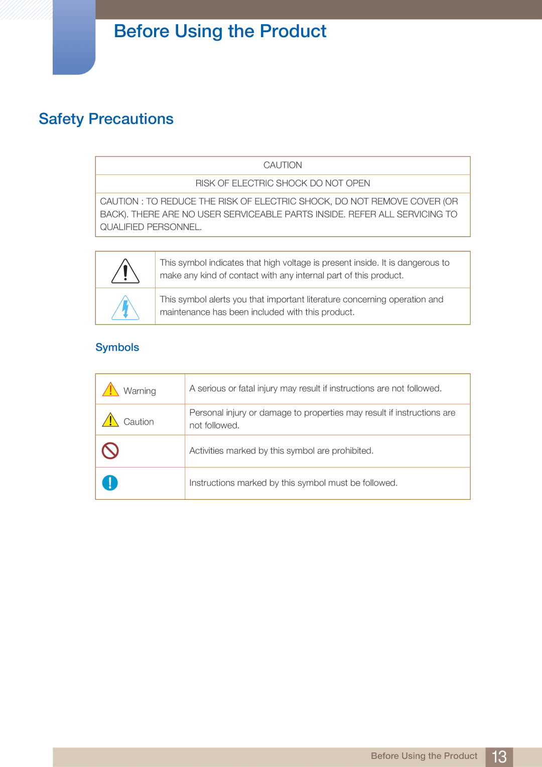 Samsung MD46B, MD40B user manual Safety Precautions, Symbols, Not followed, Activities marked by this symbol are prohibited 