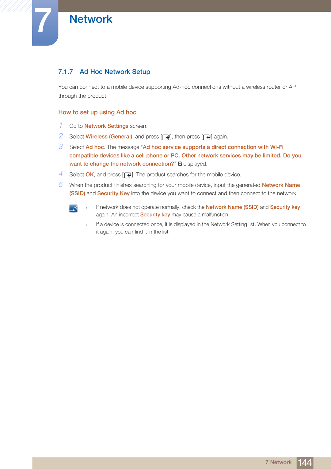 Samsung MD40B Ad Hoc Network Setup, How to set up using Ad hoc, Select Wireless General, and press , then press again 