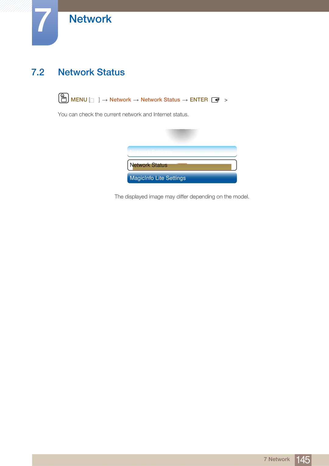 Samsung MD46B, MD40B Menu m Network Network Status Enter, You can check the current network and Internet status 