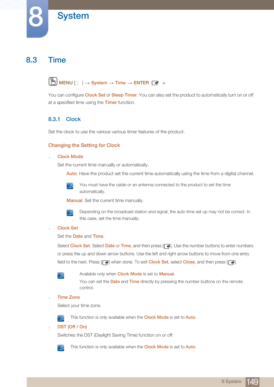 Samsung MD46B, MD40B user manual Time, Changing the Setting for Clock 