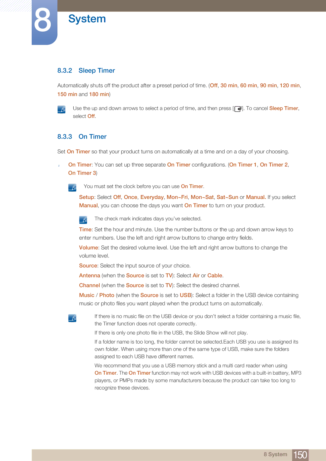 Samsung MD40B, MD46B user manual Sleep Timer, On Timer, Min and 180 min 