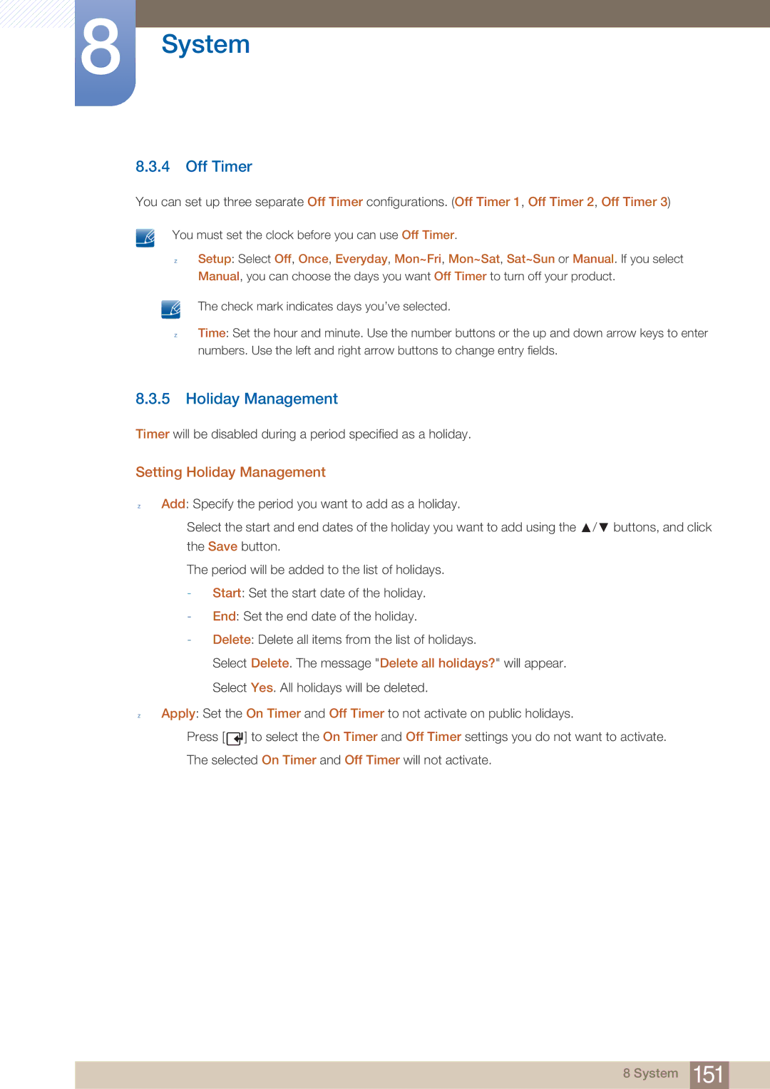 Samsung MD46B, MD40B user manual Off Timer, Setting Holiday Management 