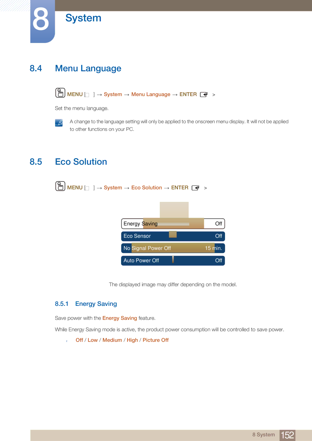 Samsung MD40B, MD46B user manual Menu Language, Eco Solution, Energy Saving 