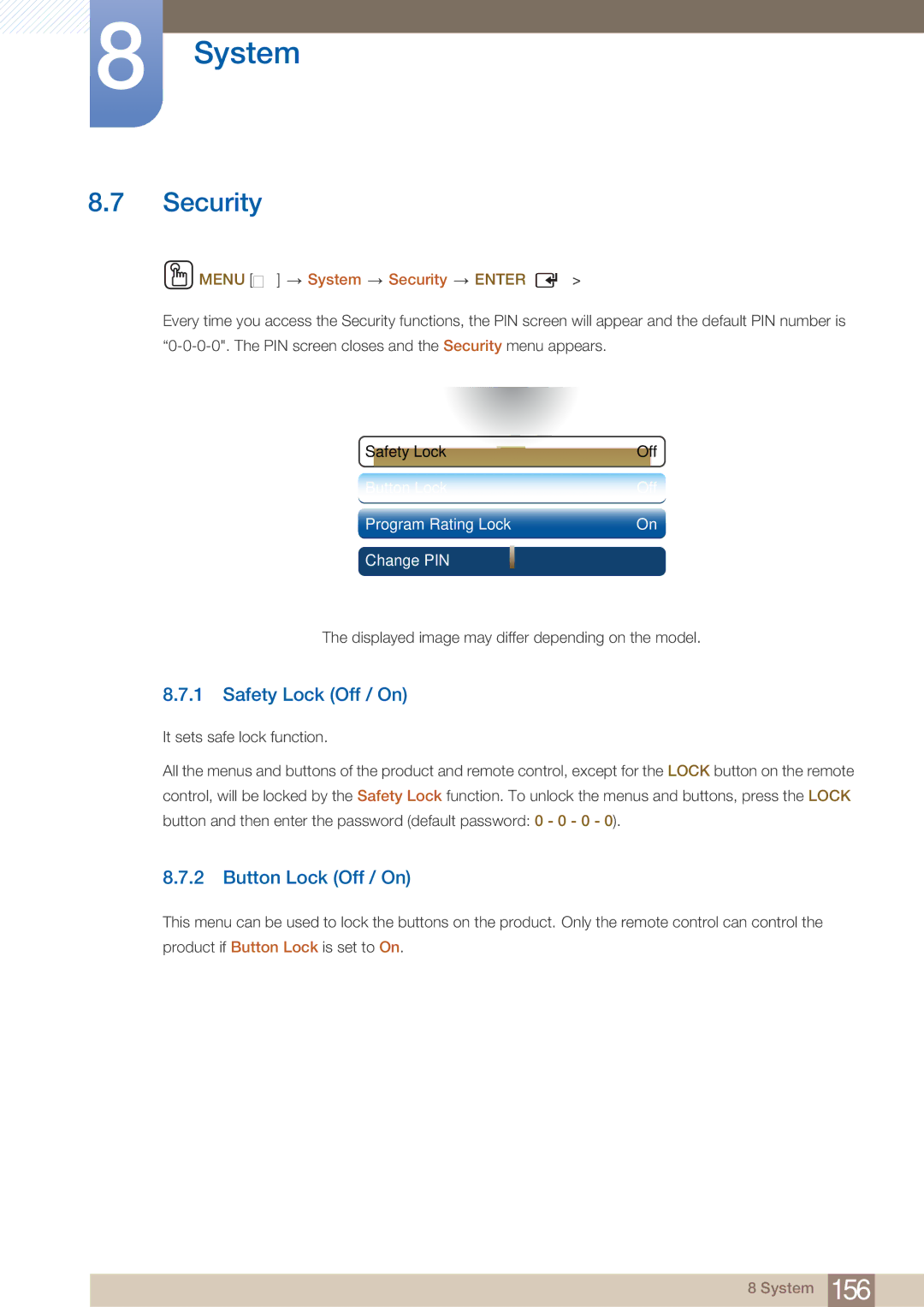 Samsung MD40B, MD46B user manual Safety Lock Off / On, Button Lock Off / On, Menu m System Security Enter 