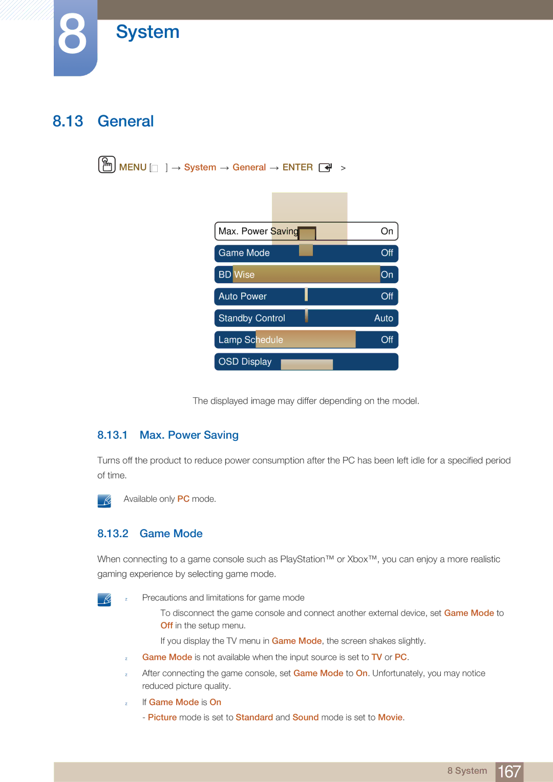 Samsung MD46B, MD40B user manual General, 13.1 Max. Power Saving, Game Mode 