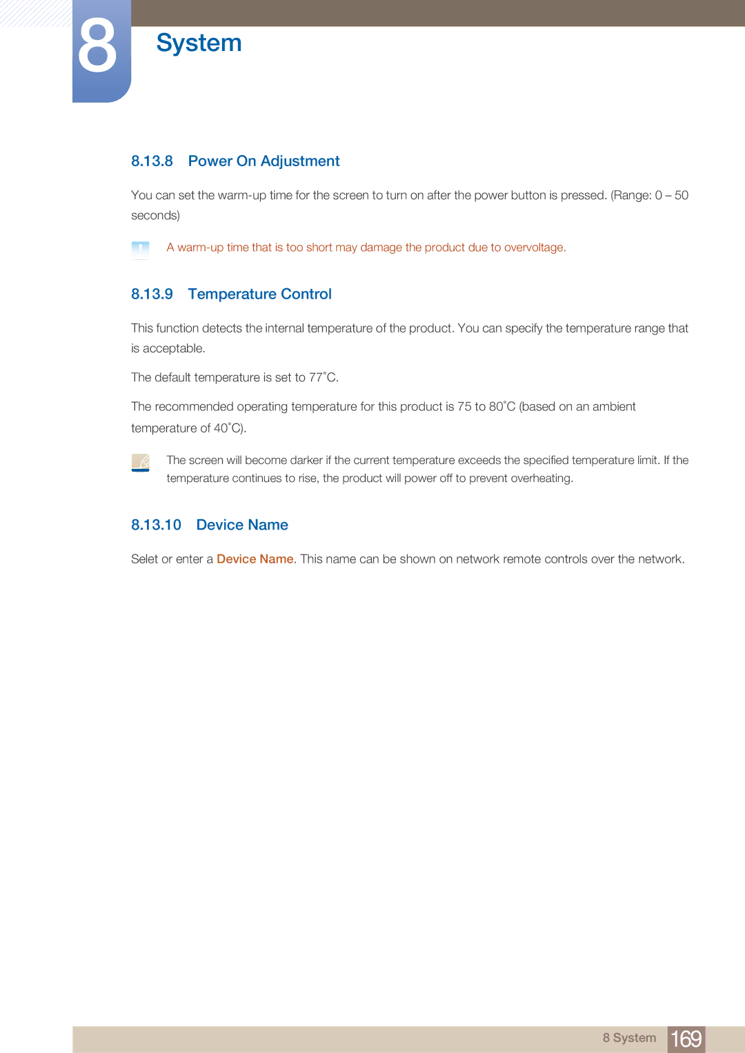 Samsung MD46B, MD40B user manual Power On Adjustment, Temperature Control, Device Name 