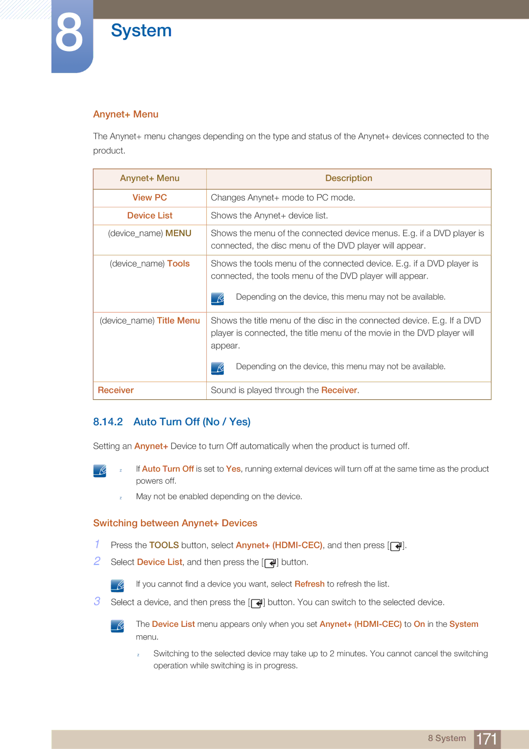 Samsung MD46B, MD40B user manual Auto Turn Off No / Yes, Anynet+ Menu, Switching between Anynet+ Devices 