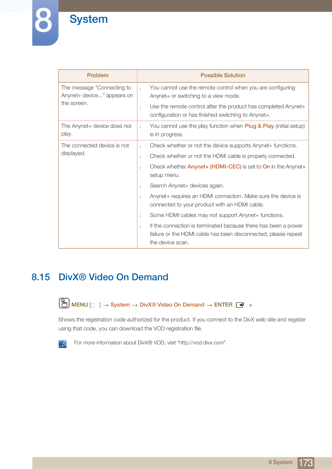 Samsung MD46B, MD40B user manual Menu m System DivX Video On Demand Enter 