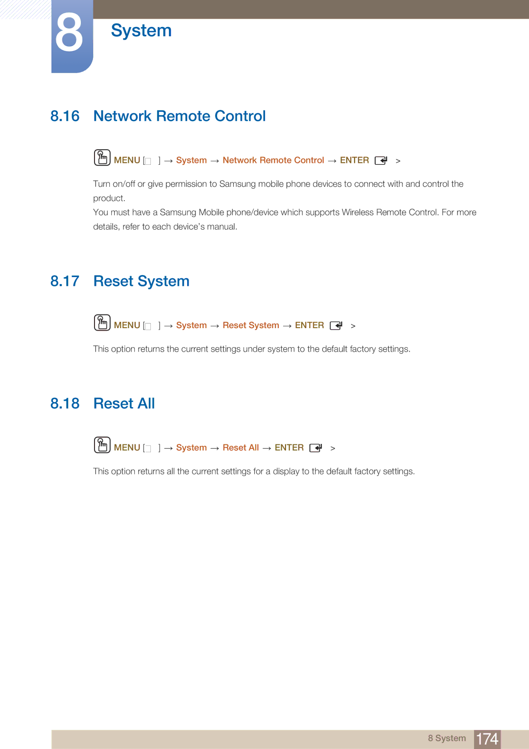 Samsung MD40B, MD46B user manual Network Remote Control, Reset System, Reset All 