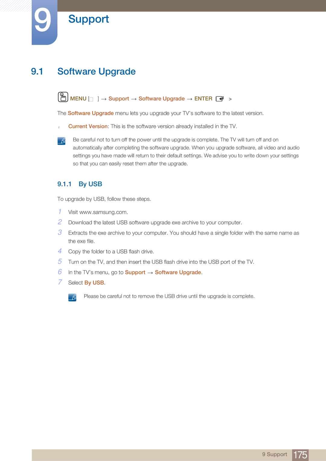 Samsung MD46B, MD40B user manual By USB, Menu m Support Software Upgrade Enter 