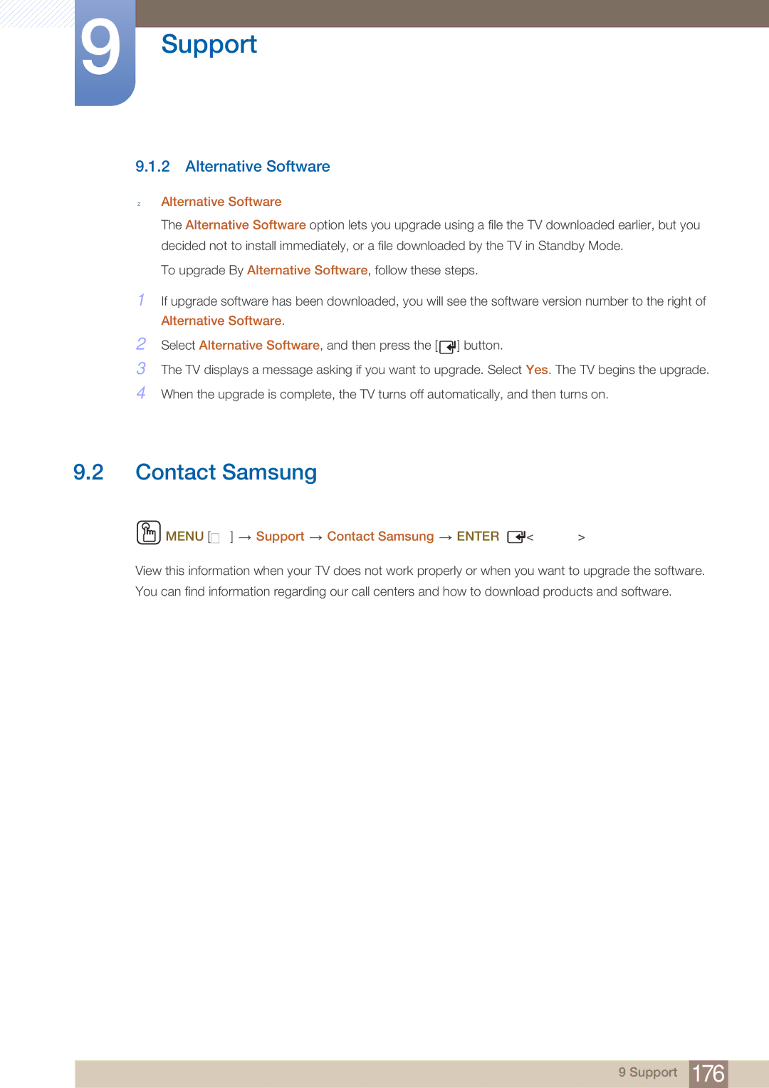 Samsung MD40B, MD46B user manual Alternative Software, Menu m Support Contact Samsung Enter 