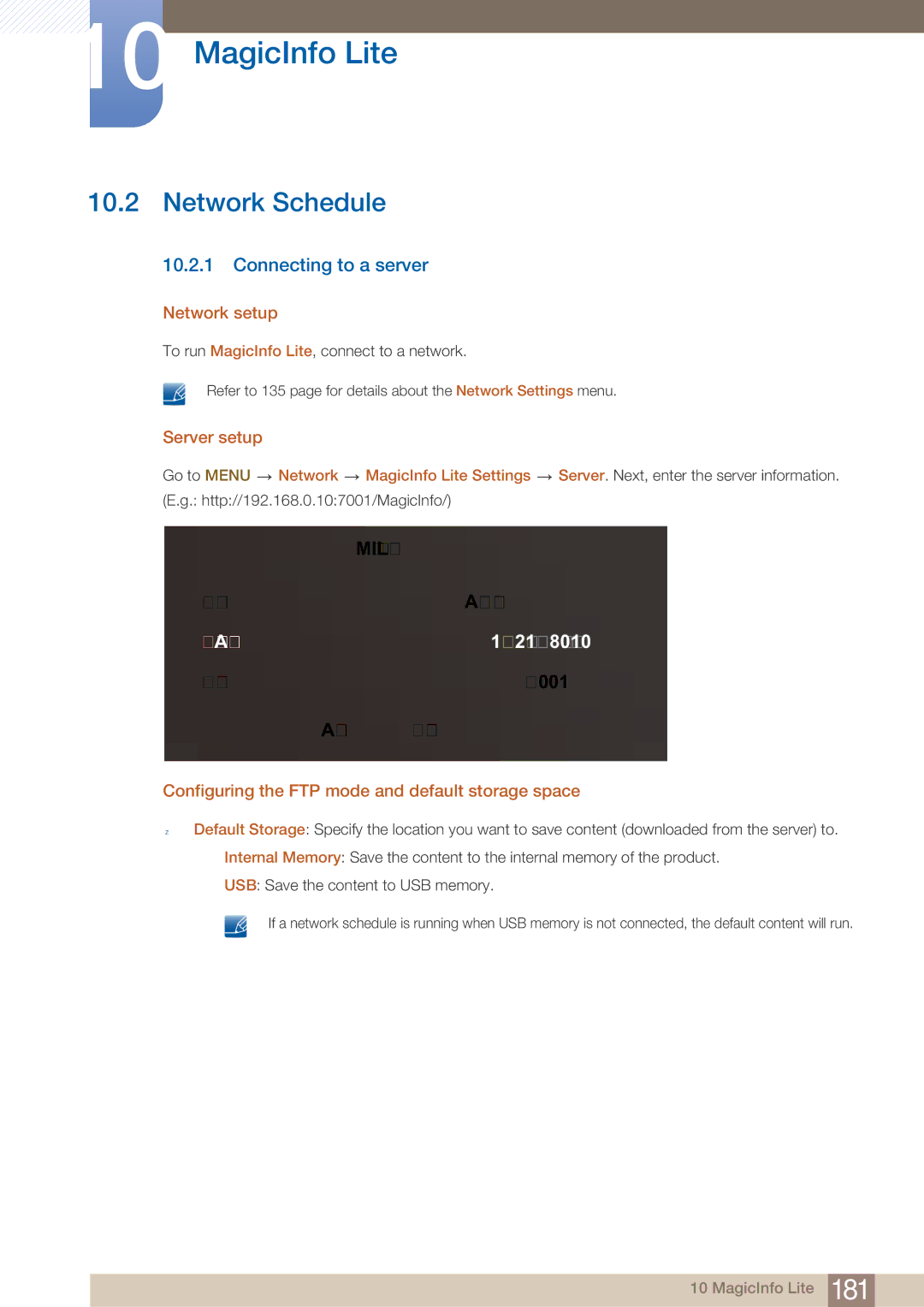 Samsung MD46B, MD40B user manual Network Schedule, Connecting to a server, Server Address 192.168.0.10 