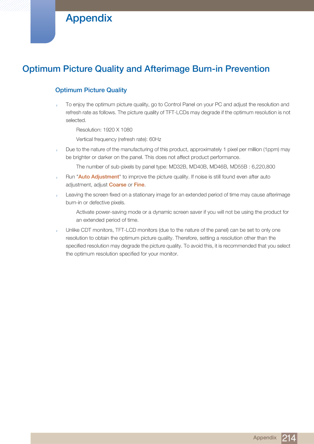 Samsung MD40B, MD46B user manual Optimum Picture Quality and Afterimage Burn-in Prevention 