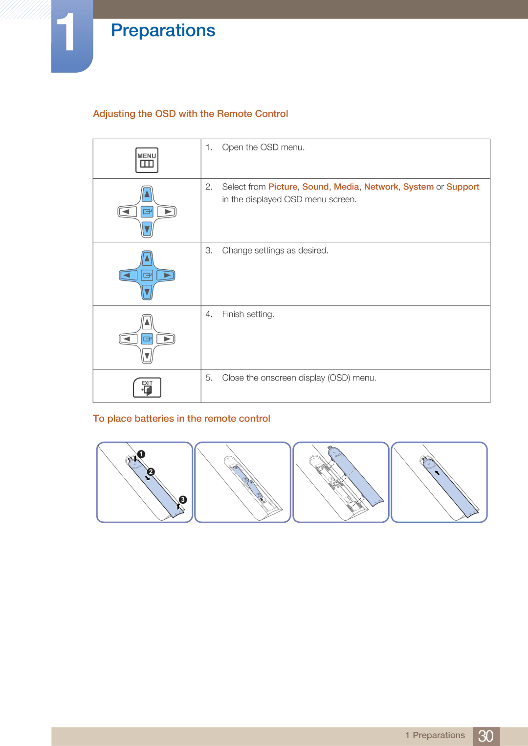 Samsung MD40B Adjusting the OSD with the Remote Control, To place batteries in the remote control, Open the OSD menu 