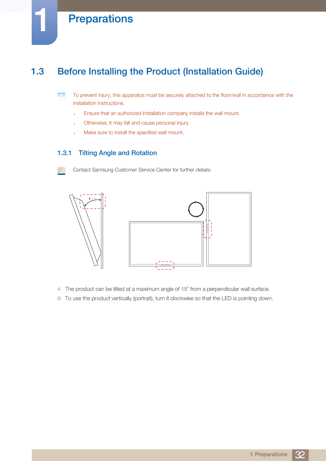 Samsung MD40B, MD46B user manual Before Installing the Product Installation Guide, Tilting Angle and Rotation 