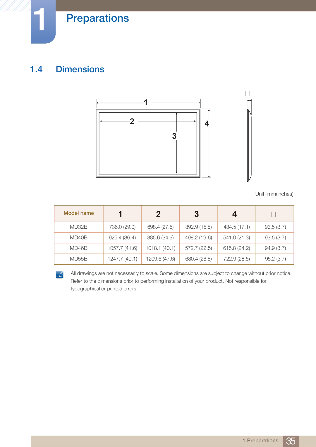 Samsung MD46B, MD40B user manual Dimensions, Model name 