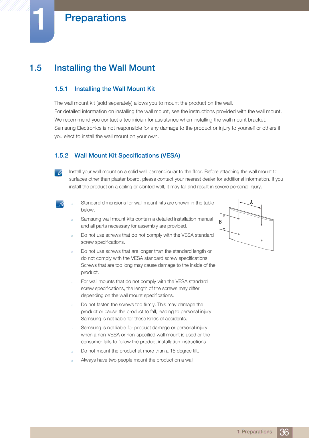 Samsung MD40B, MD46B user manual Installing the Wall Mount Kit, Wall Mount Kit Specifications Vesa 