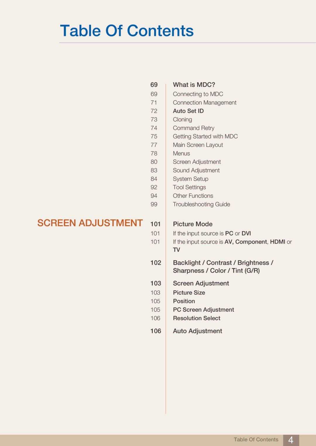 Samsung MD40B, MD46B user manual Screen Adjustment 