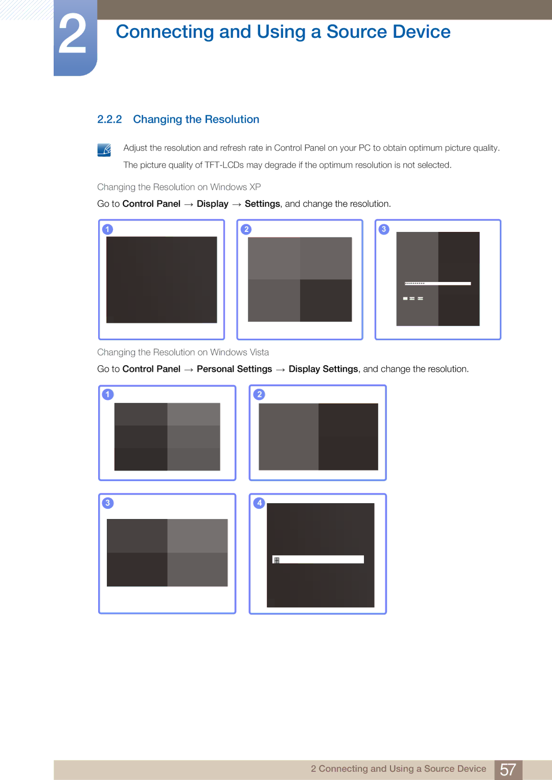 Samsung MD46B, MD40B user manual Changing the Resolution on Windows XP, Changing the Resolution on Windows Vista 