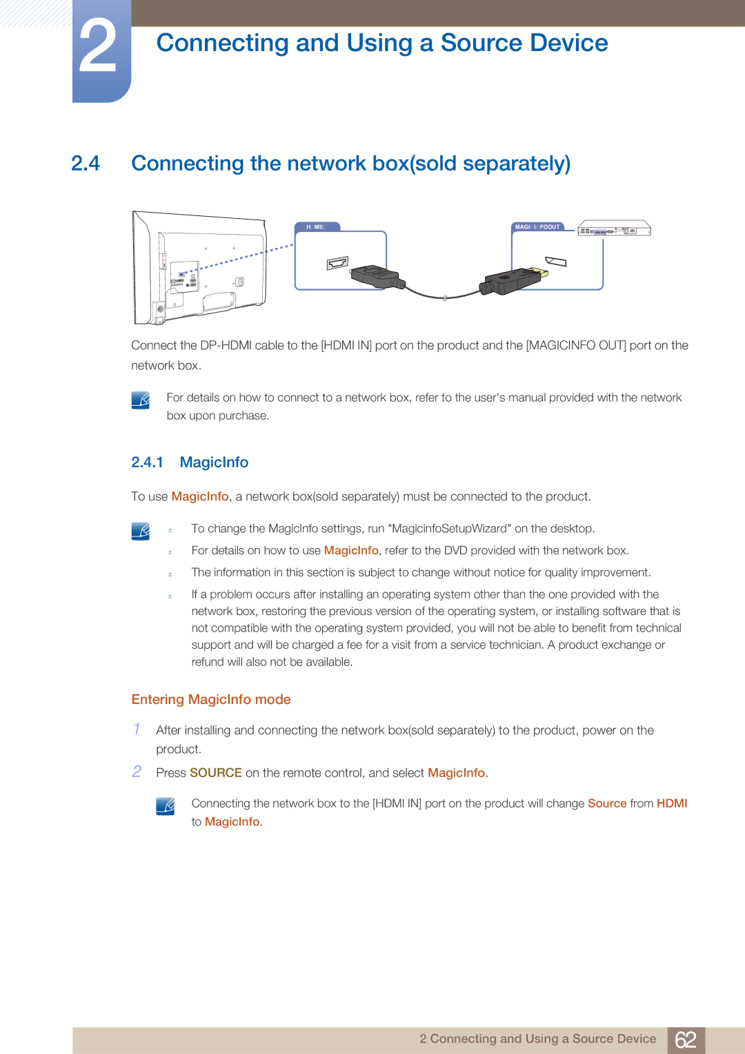 Samsung MD40B, MD46B user manual Connecting the network boxsold separately, Entering MagicInfo mode 