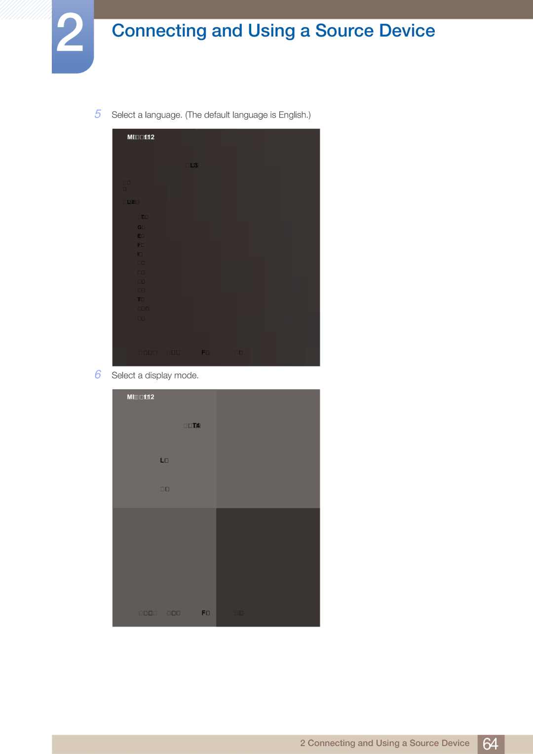 Samsung MD40B, MD46B user manual Select a language. The default language is English, Select a display mode 