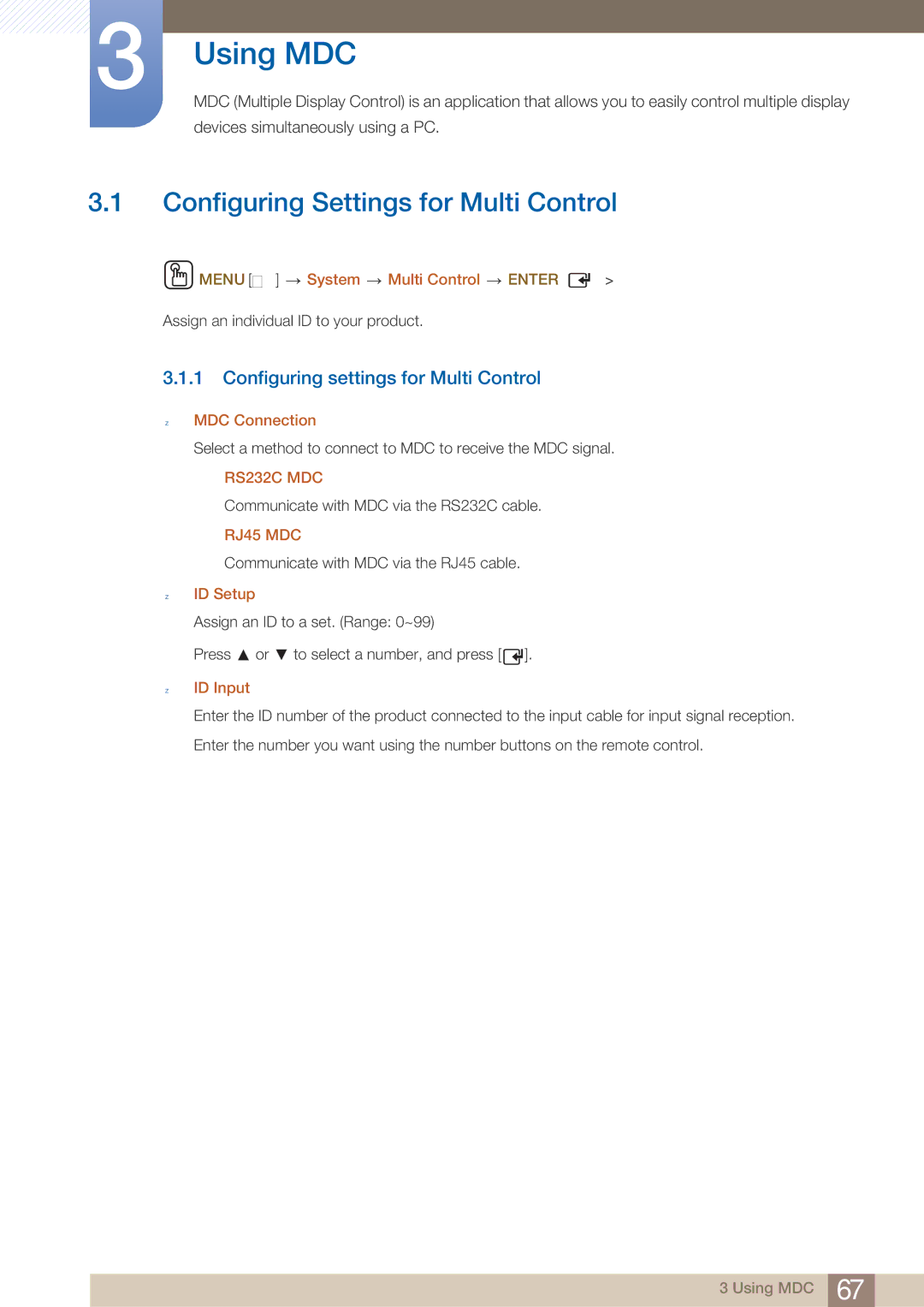 Samsung MD46B, MD40B user manual Using MDC, Configuring Settings for Multi Control, Configuring settings for Multi Control 