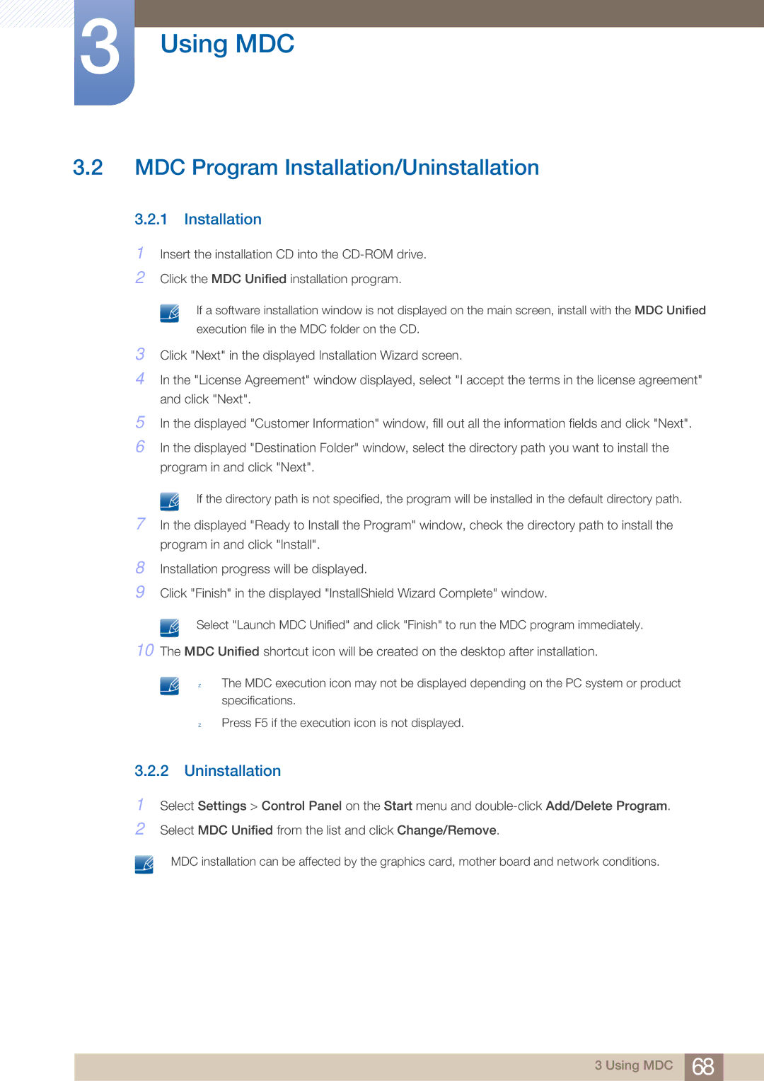 Samsung MD40B, MD46B user manual MDC Program Installation/Uninstallation 