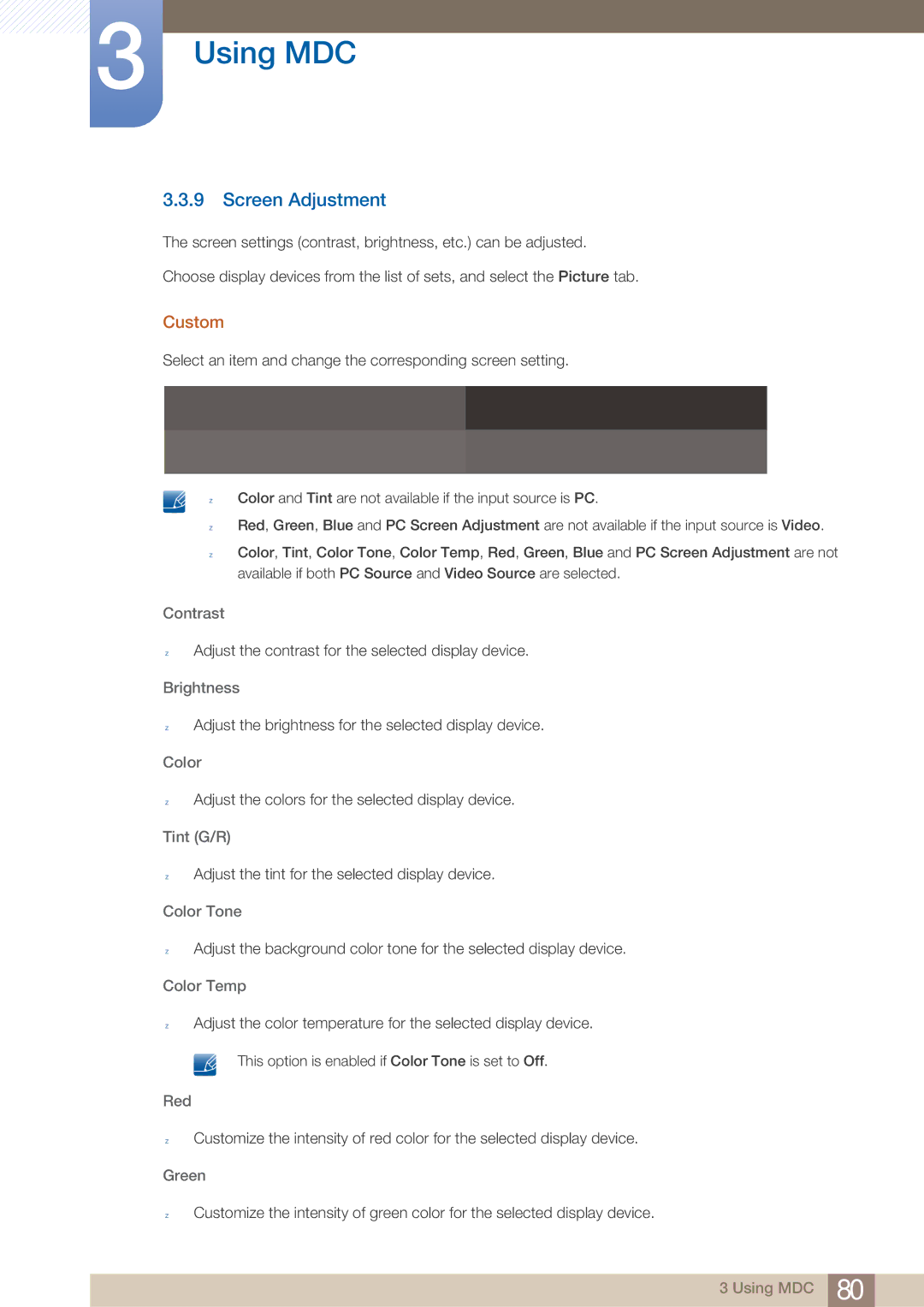 Samsung MD40B, MD46B user manual Screen Adjustment, Custom 