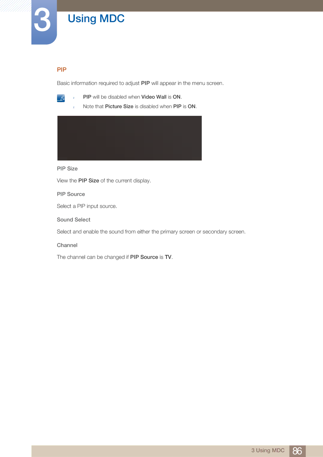 Samsung MD40B, MD46B View the PIP Size of the current display, PIP Source, Select a PIP input source, Sound Select 