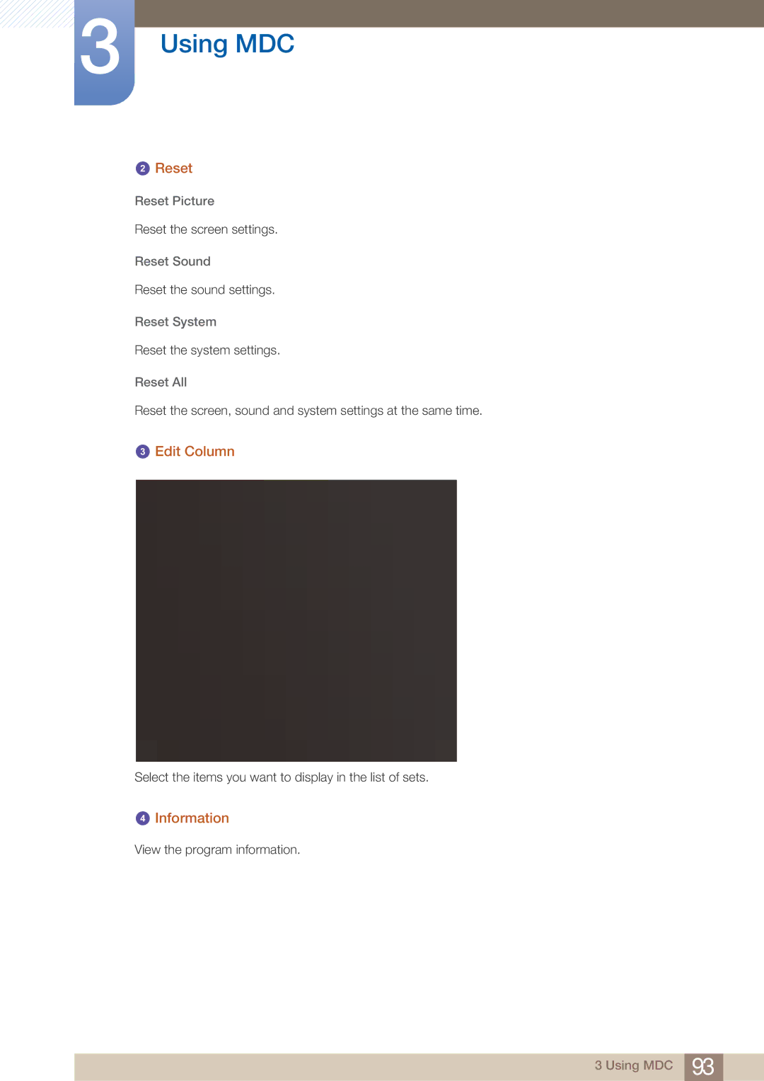 Samsung MD46B, MD40B user manual Reset, Edit Column, Information 