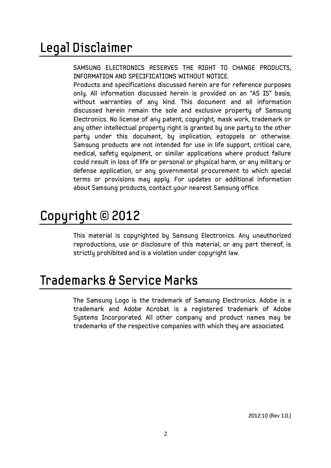 Samsung MD65C, MZ7PD256BW manual Legal Disclaimer, Copyright, Trademarks & Service Marks 