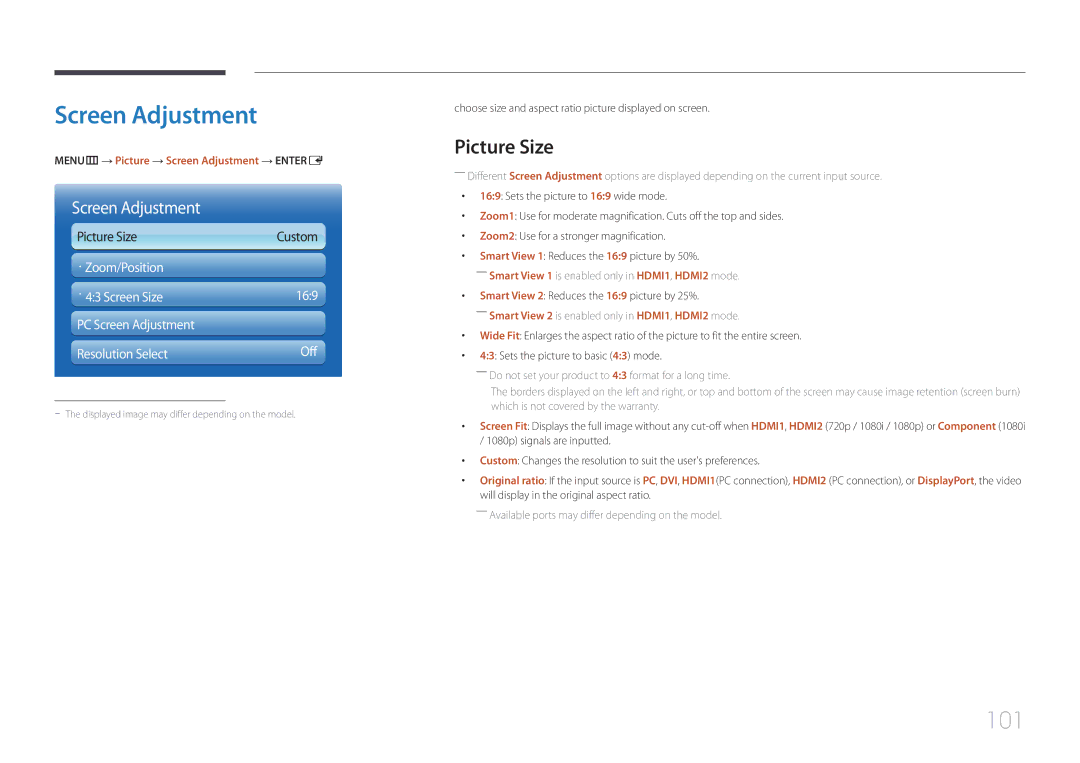 Samsung MD65C user manual 101, Picture Size, MENUm → Picture → Screen Adjustment → Entere 