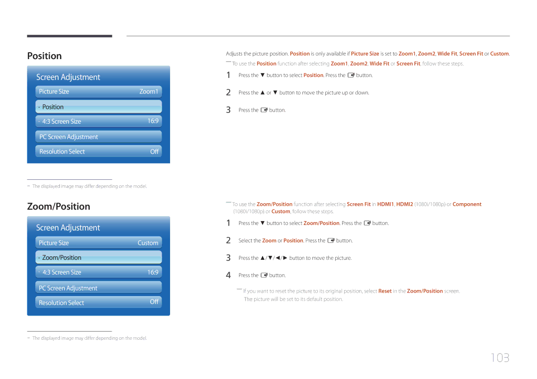 Samsung MD65C user manual 103, Zoom/Position 