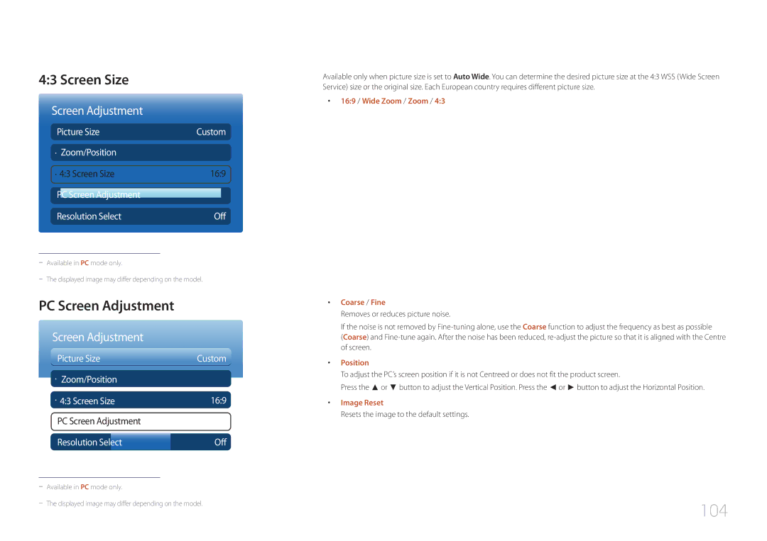 Samsung MD65C user manual 104, Screen Size, PC Screen Adjustment 