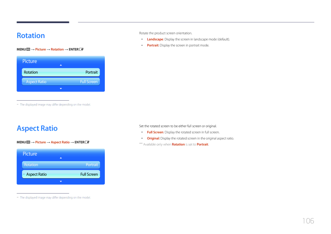 Samsung MD65C user manual 106, MENUm → Picture → Rotation → Entere, MENUm → Picture → Aspect Ratio → Entere 