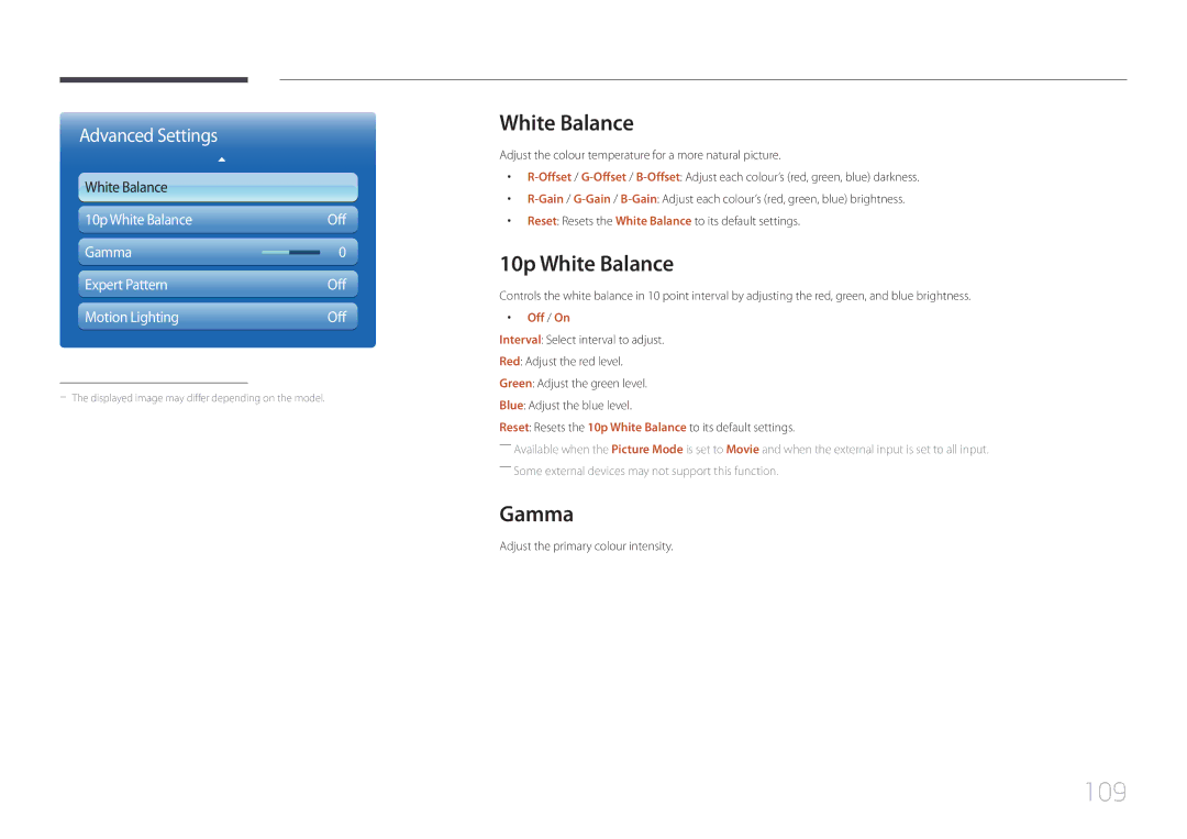 Samsung MD65C user manual 109, 10p White Balance, Gamma, Off / On 