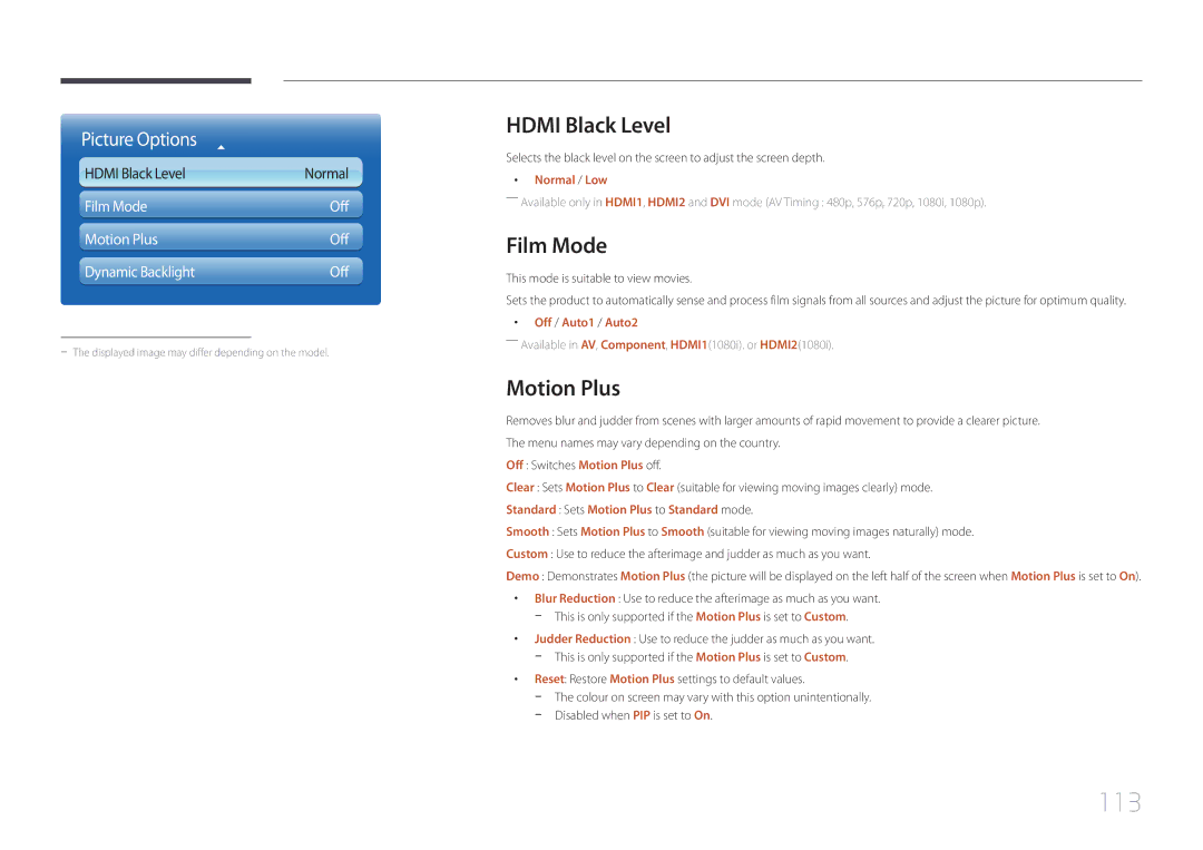 Samsung MD65C user manual 113, Hdmi Black Level, Film Mode, Motion Plus 