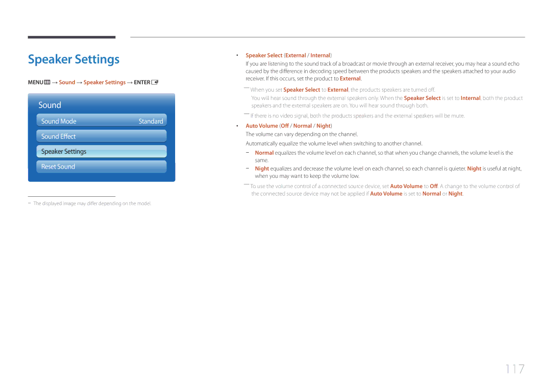 Samsung MD65C user manual 117, MENUm → Sound → Speaker Settings → Entere, Speaker Select External / Internal 