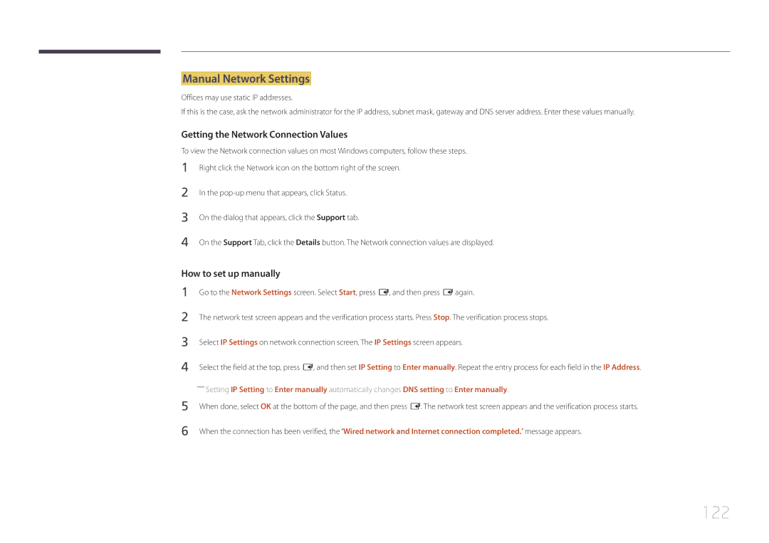 Samsung MD65C user manual Manual Network Settings, Getting the Network Connection Values 