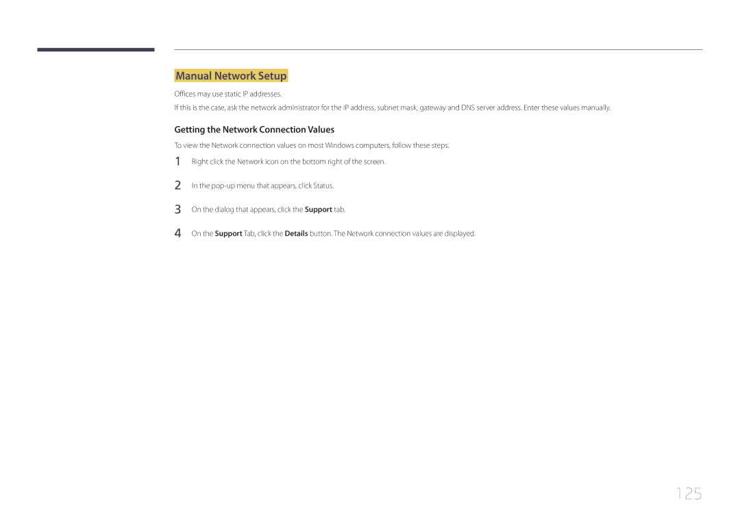 Samsung MD65C user manual 125, Manual Network Setup 