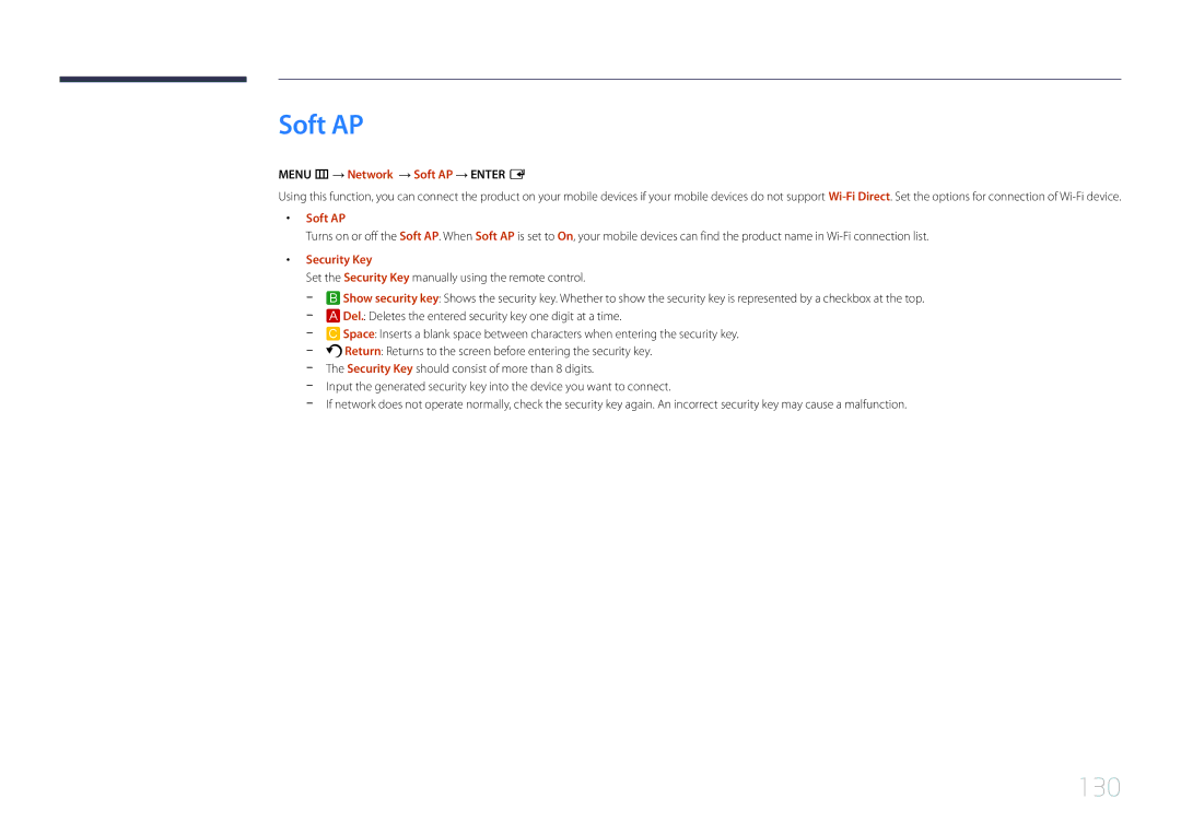 Samsung MD65C user manual Menu m → Network → Soft AP → Enter E, Security Key 