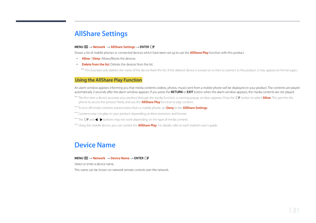 Samsung MD65C user manual AllShare Settings, Using the AllShare Play Function, Menu m → Network → Device Name → Enter E 